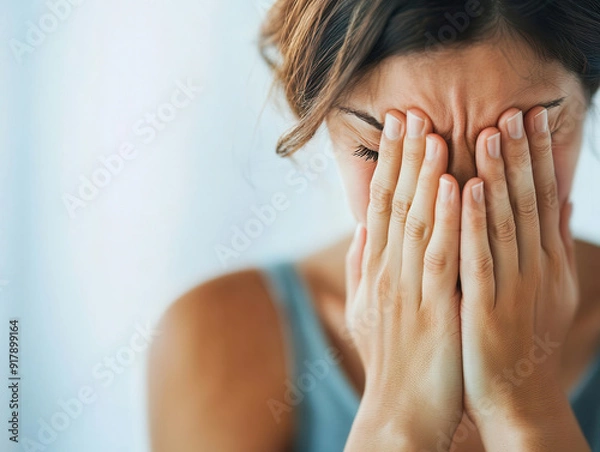Fototapeta Closeup of a person covering their face, Shame and Depression, emphasizing the feelings of guilt that can accompany depressive symptoms