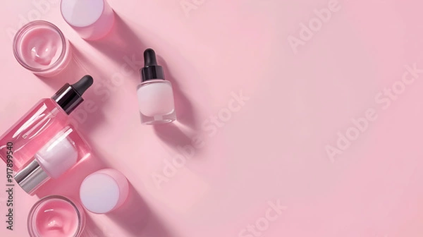 Obraz Minimal flat lay with pink beauty products bottles bag on neutral background. Summer cosmetic still life concept for womens traveling, skin or body care treatment for trip., Cosmetic travel kit