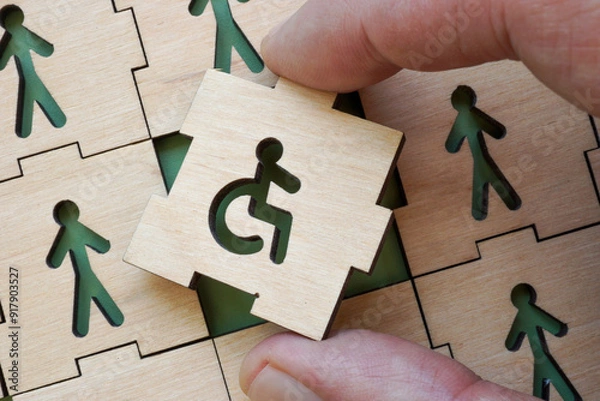 Fototapeta Hand holding puzzle piece with disability symbol. Concept of inclusion in work and society.