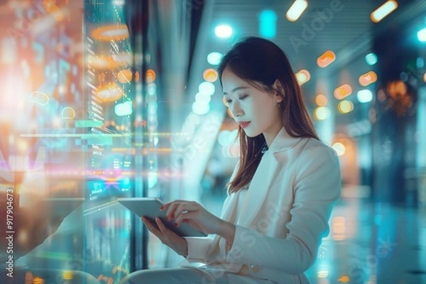 Obraz a businesswoman working on a tablet in a high-tech office lobby