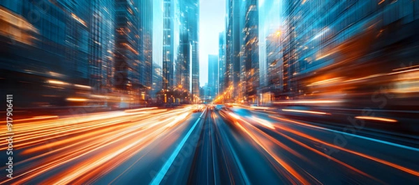 Fototapeta A vibrant cityscape with motion blur, showcasing dynamic light trails and towering skyscrapers in a bustling urban environment.