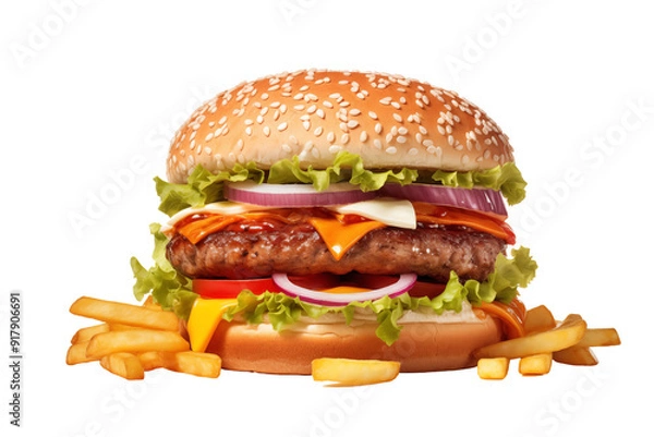 Fototapeta Hamburger on transparent background. Hamburger related themes. Fast food. Hamburger sale. Images for graphic designers. Isolated hamburger. PNG cutout.