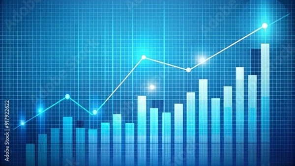 Fototapeta Stylized vector illustration of a growing financial graph, showcasing increasing profits and market trends, set against a bright blue background with subtle grid pattern.
