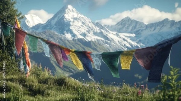 Obraz Colorful Prayer Flags Against Majestic Mountain