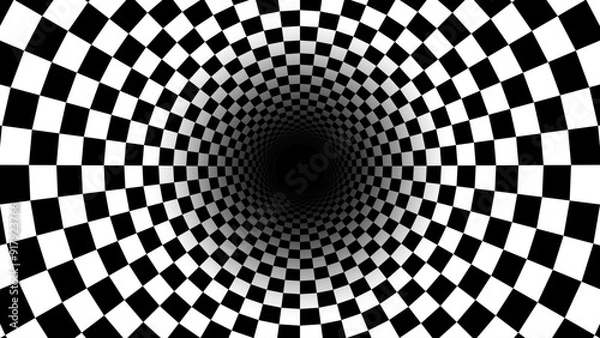 Fototapeta Abstract Black and White Optical Illusion Chess Pattern with Tunnel. Contrasty Optical Art Gravity Vortex. Smooth Checkered Tunnel and Chessboard in Perspective. Vector Illustration.