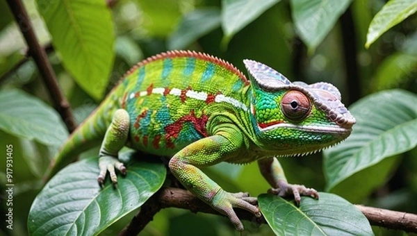 Fototapeta Camouflaged Chameleon in Lush Tropical Setting