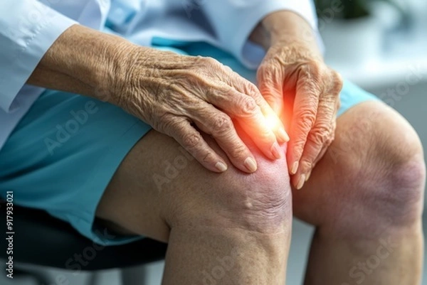 Fototapeta Senior person experiencing knee pain, highlighting arthritis or joint inflammation. Close-up view of patient holding knee with highlighted pain area.