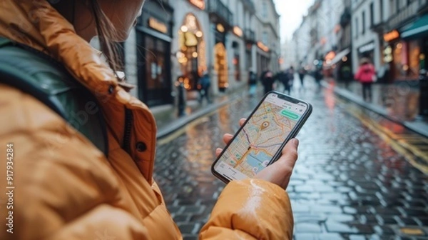 Fototapeta A person uses a phone with a map app while walking down a cobblestone street.  The street is wet with rain and the person is wearing a jacket.