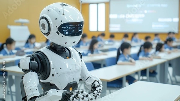 Fototapeta In a contemporary classroom, robotic aides support pupils with learning impairments.