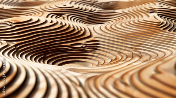 Fototapeta Polished wooden table, intricate patterns, top view, showcasing craftsmanship, futuristic tone, Vivid