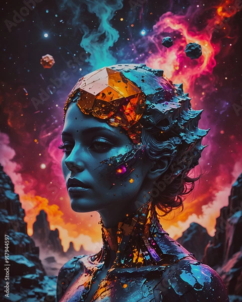 Obraz 3d rendering of a female robot with cosmic background. 3d illustration.