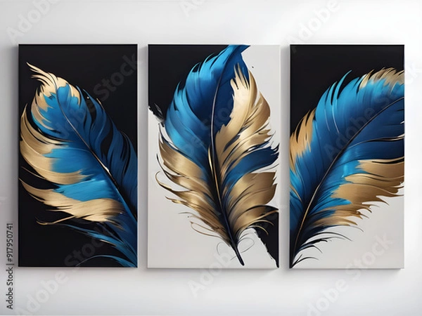 Fototapeta  Elegant feather painting in blue black and gold color in 3 frames on white and light blue background