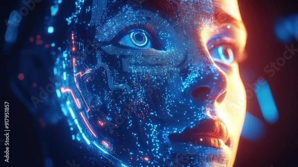 Fototapeta 3D illustration of a human face intertwined with AI circuitry. Representation of digital transformation and the future of artificial intelligence in humanity.