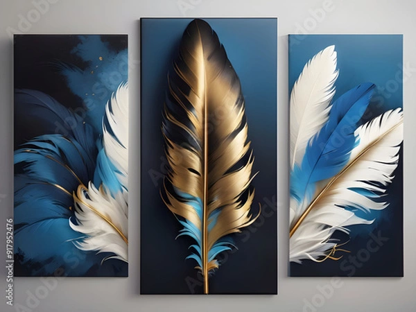 Fototapeta  Elegant feather painting in blue black and gold color in 3 frames on white and light blue background