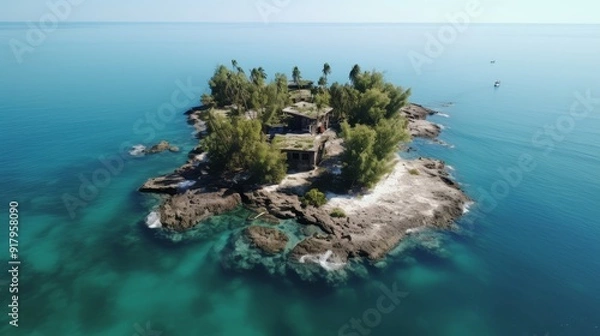 Fototapeta Drone View of an Abandoned Island in the Middle of an Ocean