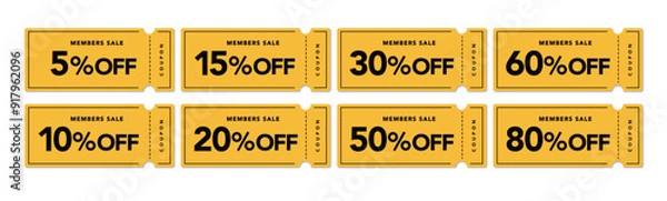 Fototapeta メンバーセールに使えるポップな黄色と黒のクーポンベクターアイコンセット（割引率別）