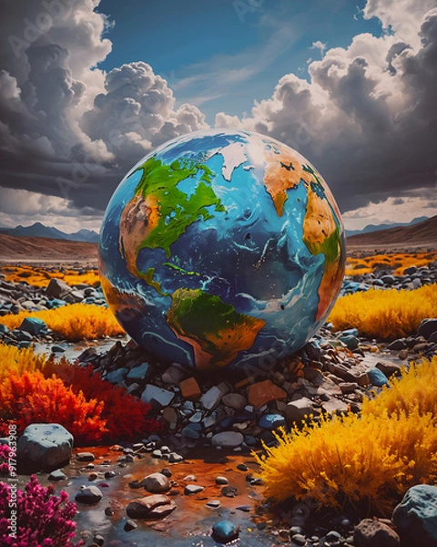 Fototapeta A world globe with a green area and a mountain in the background, 3d illustration