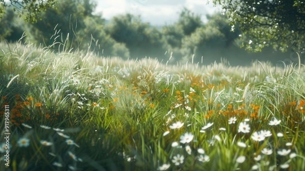 Fototapeta A serene meadow with tall grass and wildflowers swaying in the breeze.