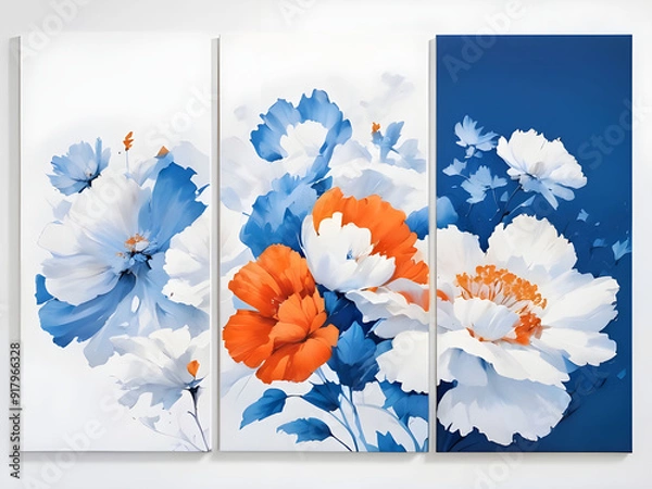 Fototapeta Set of three abstract floral art with blue and orange hue