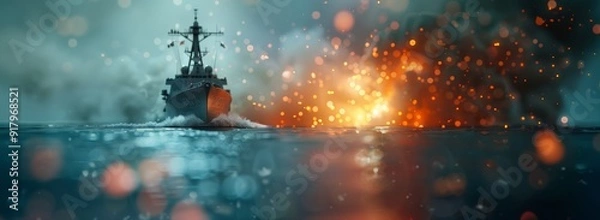 Fototapeta A ship is in the middle of a battle with a lot of fire and smoke by AI generated image