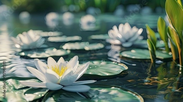 Fototapeta A serene pond with lily pads and blooming water lilies.
