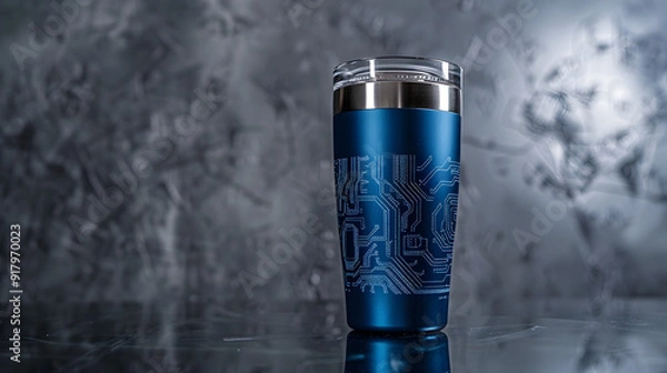 Fototapeta Metallic Blue Yeti Tumbler with High Tech Circuit Board Design for Tech Enthusiasts