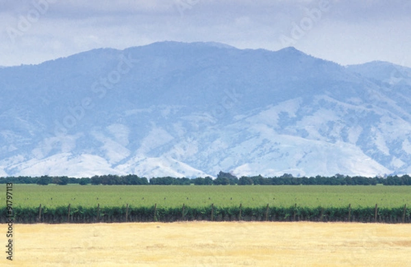 Obraz Crops, farmland, and the Tehachapi Mountains California, summer,