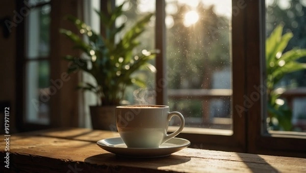 Fototapeta photo of a cup of coffee on a table with a view of the warm morning sunlight made by AI generative