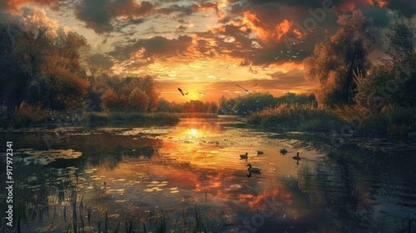 Fototapeta A serene sunset illuminating a tranquil pond, with a family of ducks gliding across the still waters and a vibrant sky reflected in the surface