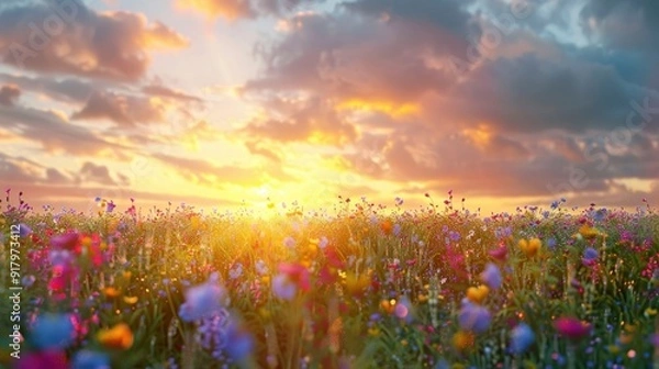 Obraz A serene sunset over a field of wildflowers with the sky ablaze in vibrant colors.