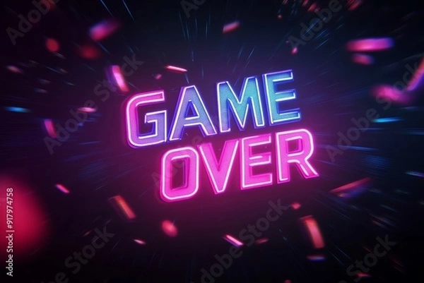 Fototapeta Glitched Neon Game Over Title on Dark Background with Motion Particles Generative AI
