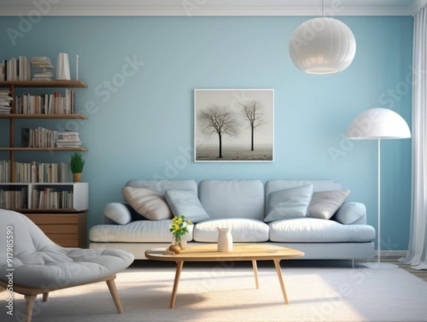 Fototapeta A white couch with wooden legs sits in a living room with a light blue wall, white rug, and a wooden coffee table.