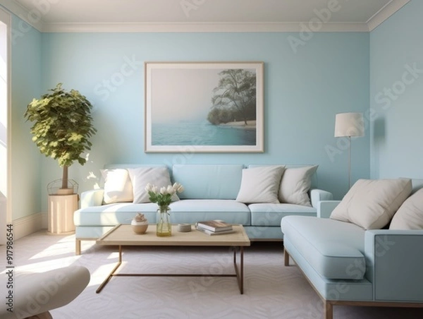 Fototapeta Light blue sofa with white pillows, wooden coffee table with flowers and books, and a floor lamp in a room with a large framed beach picture.