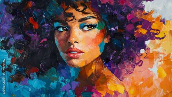 Fototapeta Vibrant Abstract Portrait of a Woman with Curly Hair in Bold Colors