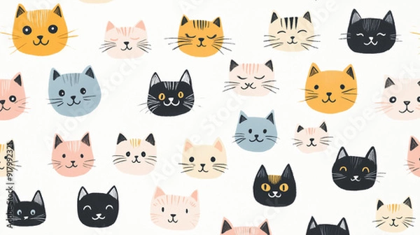 Fototapeta seamless pattern with cats, set of cats, faces of various cat species, seamless pattern made up of cat face