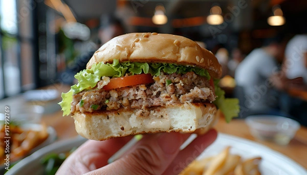Fototapeta Close-up of a hand holding a half-eaten burger with lettuce and tomato, showcasing a casual dining experience