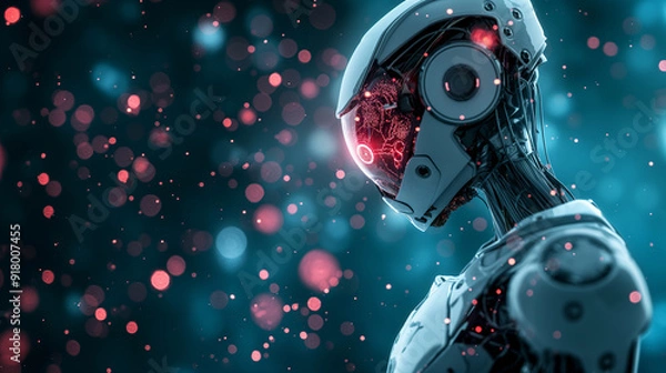 Fototapeta Side view render of cool male intelligent robot. Cyborg of the future