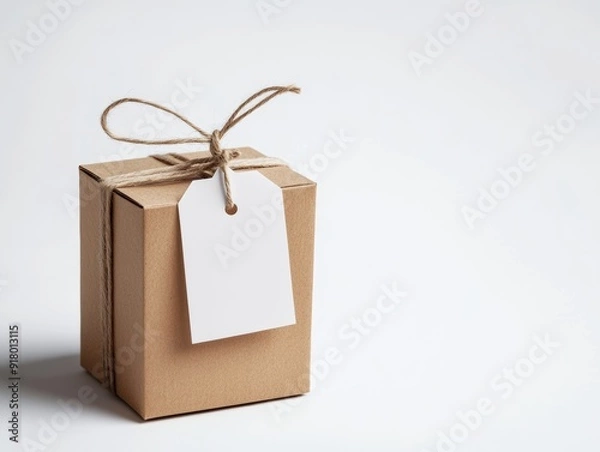 Fototapeta White Paper Hangtag Attached to Brown Box on White Background Generative AI