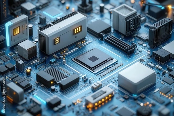 Fototapeta isometric tech repair scene arranged computer equipment blue and white color scheme floating connection lines 3d icon style