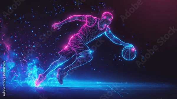 Fototapeta Abstract silhouette of basketball player man moving neon color, Isolated black background