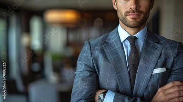 Fototapeta Confident businessman in a tailored suit poses with crossed arms in a modern office during the day