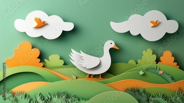 Fototapeta paper cut style illustration goose colorful 3d filed green hills whimsical clouds
