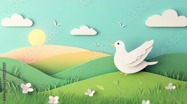 Fototapeta paper cut style illustration pigeon colorful 3d filed green hills whimsical clouds
