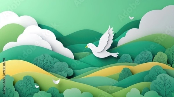 Fototapeta paper cut style illustration pigeon colorful 3d filed green hills whimsical clouds