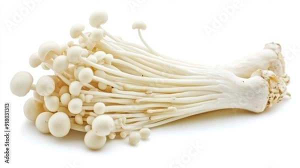 Fototapeta A group of enoki mushrooms with their long, slender stems and delicate caps, beautifully isolated on a white background.