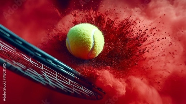 Fototapeta Yellow tennis ball strikes racket in a burst of red powder, capturing dynamic motion and textures in cinematic contrast.