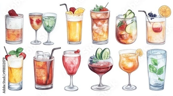 Fototapeta High-resolution vector illustrations of food and drink items, ideal for restaurant menus, on a white background