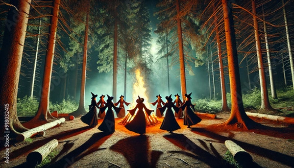 Fototapeta The witches dance around a large bonfire in the forest, the fire lighting up the woods. AI Generated
