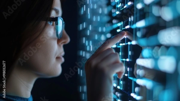 Fototapeta Modern Woman Engaging with Digital KYC Compliance Interface for Secure Identity Verification