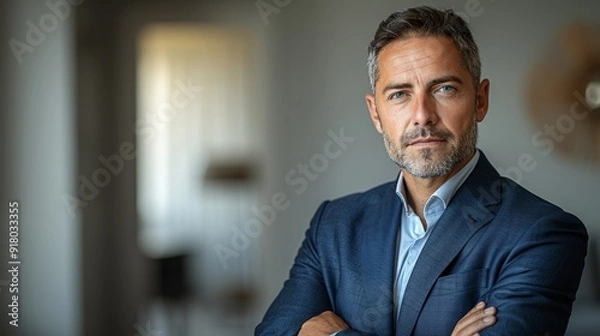 Obraz Professional man in a suit standing confidently indoors in a modern office setting